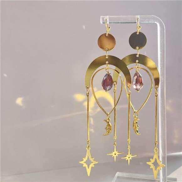 Boho Gold Crescent Moon Sun & Star Crystal Statement Dangle Drop Earrings - Picture 3 of 5